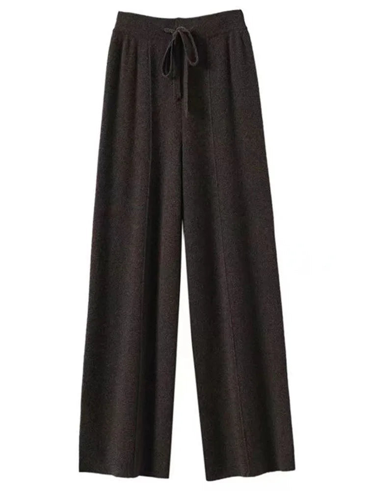 Pantalon tricoté taille haute et jambes larges en cachemire 100 % - Doux et chaud