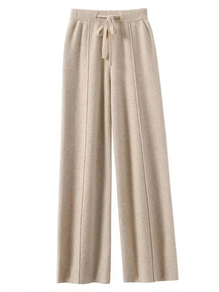 Pantalon tricoté taille haute et jambes larges en cachemire 100 % - Doux et chaud