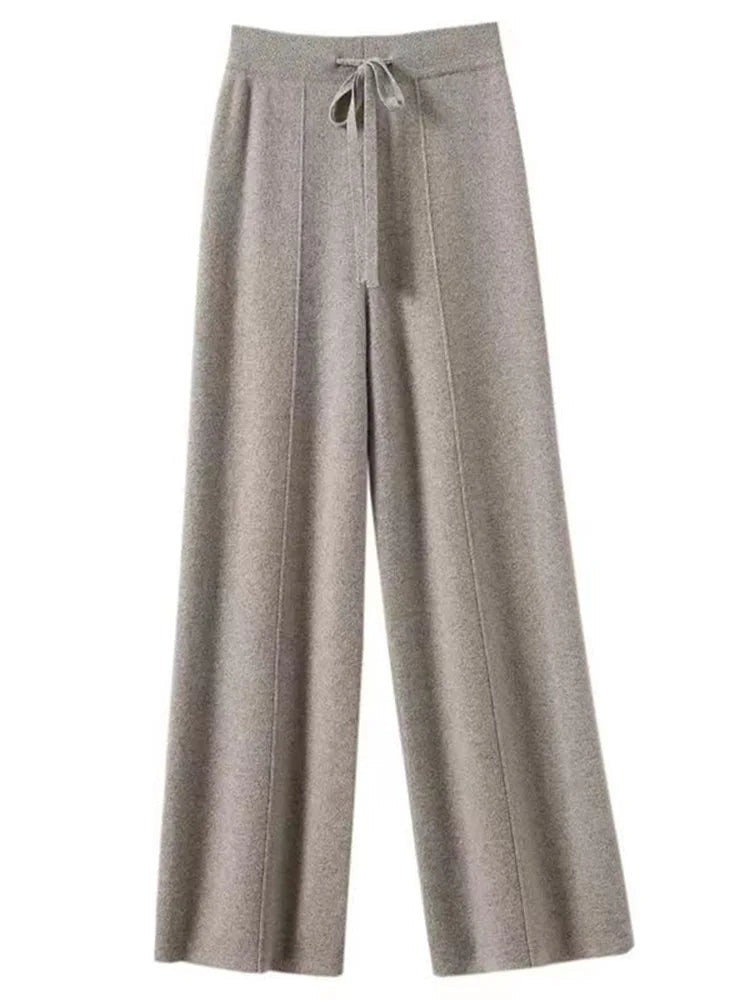Pantalon tricoté taille haute et jambes larges en cachemire 100 % - Doux et chaud