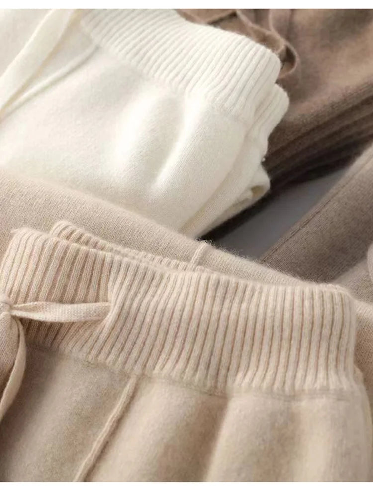 Pantalon tricoté taille haute et jambes larges en cachemire 100 % - Doux et chaud