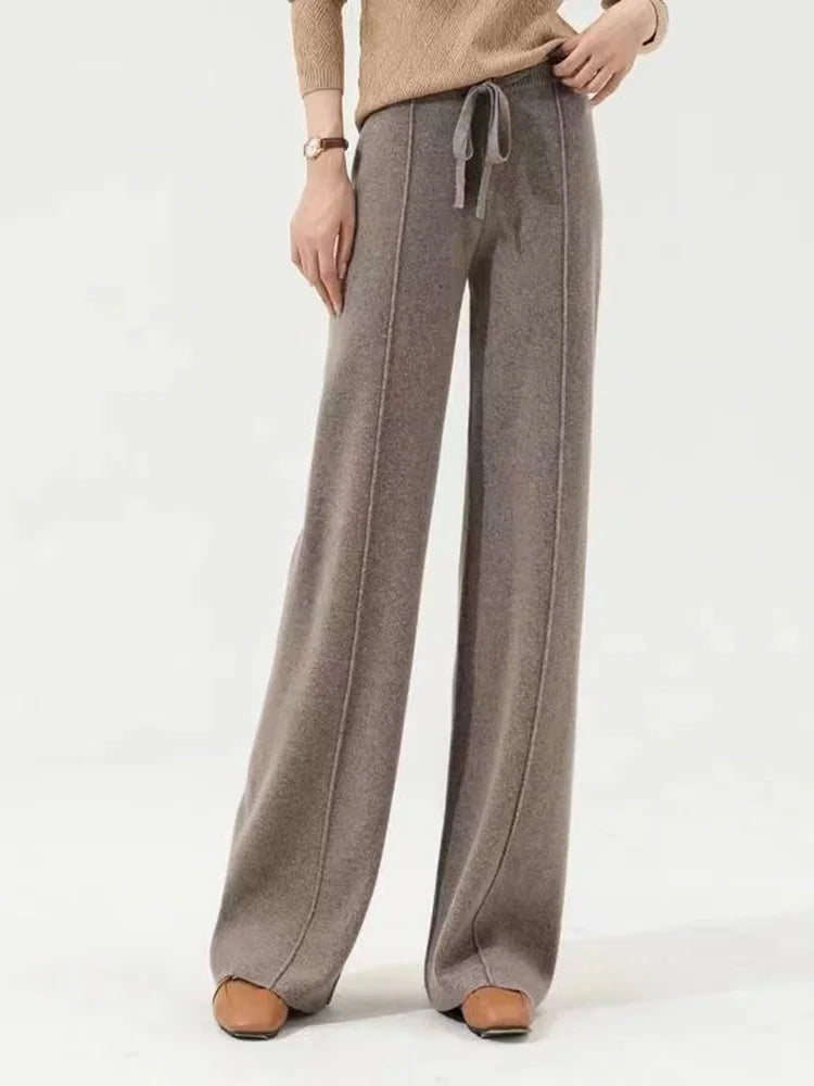 Pantalon tricoté taille haute et jambes larges en cachemire 100 % - Doux et chaud