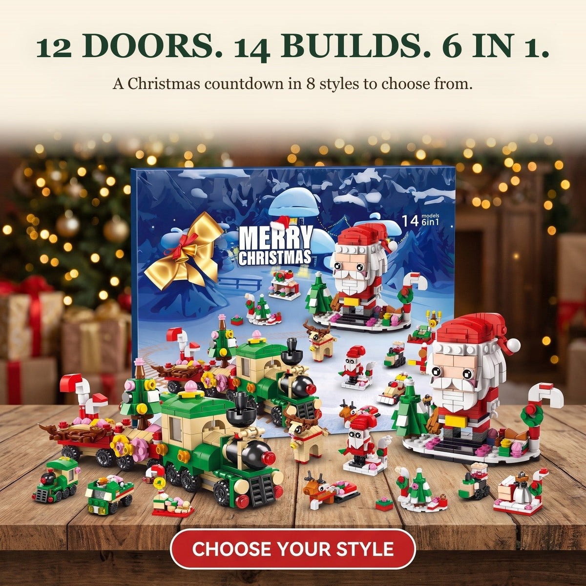 12-Door Christmas Building Block Advent Calendar, 14 Builds, 6-in-1, 8 Styles