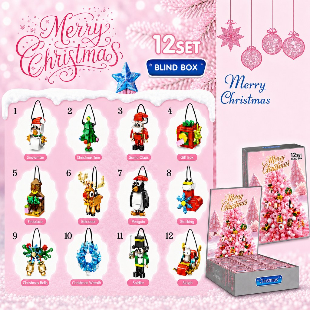12 Blind Box Mini Brick Ornaments, 12-Day Christmas Countdown, Red or Pink Set