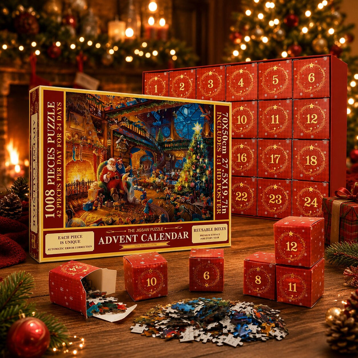 Calendrier de l’Avent puzzle 2026 — 24 boîtes quotidiennes de 42 pièces chacune, formant une image de Noël festive