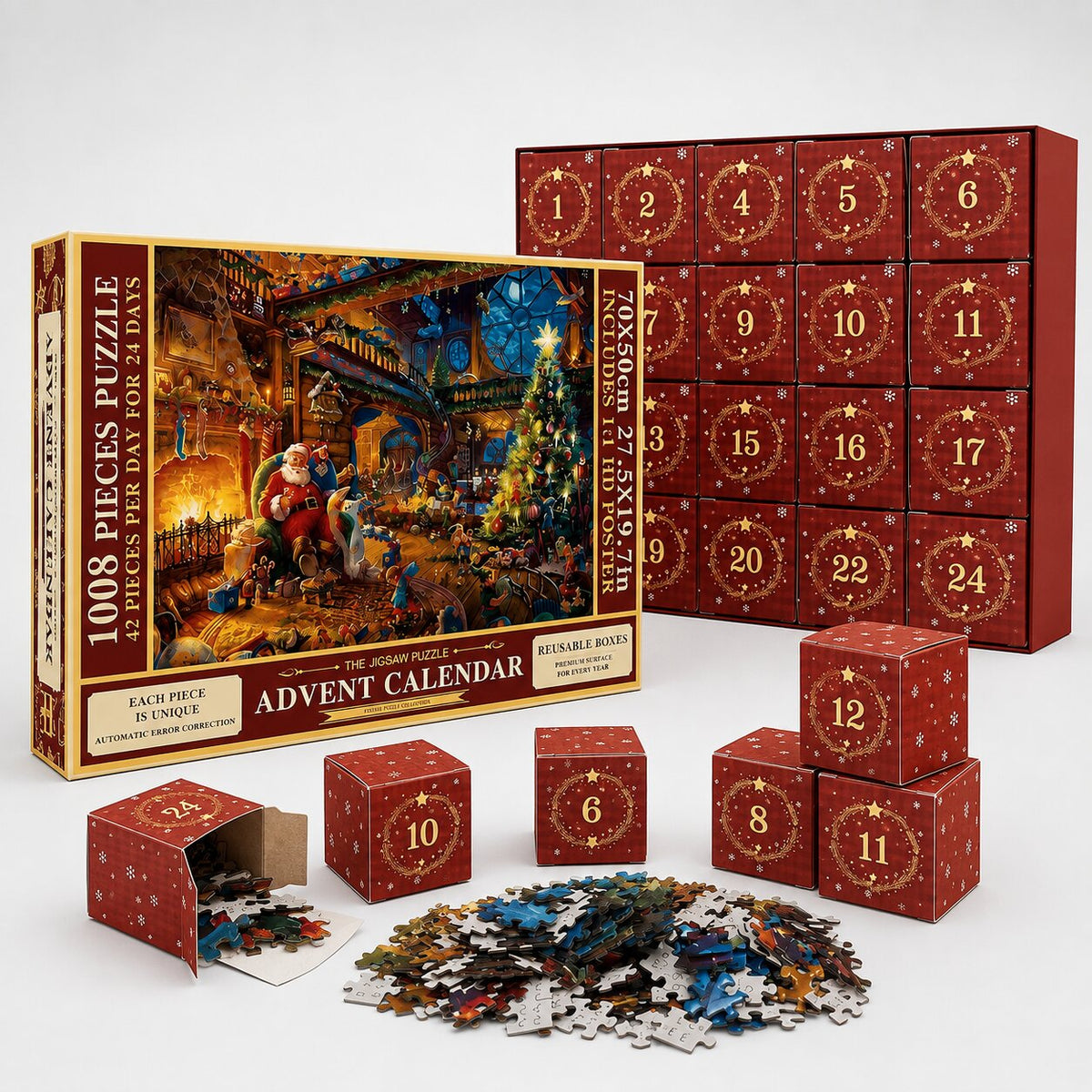 Calendrier de l’Avent puzzle 2026 — 24 boîtes quotidiennes de 42 pièces chacune, formant une image de Noël festive