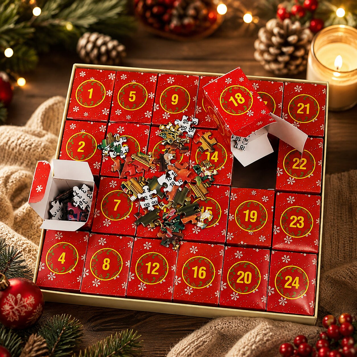 Calendrier de l’Avent puzzle 2026 — 24 boîtes quotidiennes de 42 pièces chacune, formant une image de Noël festive