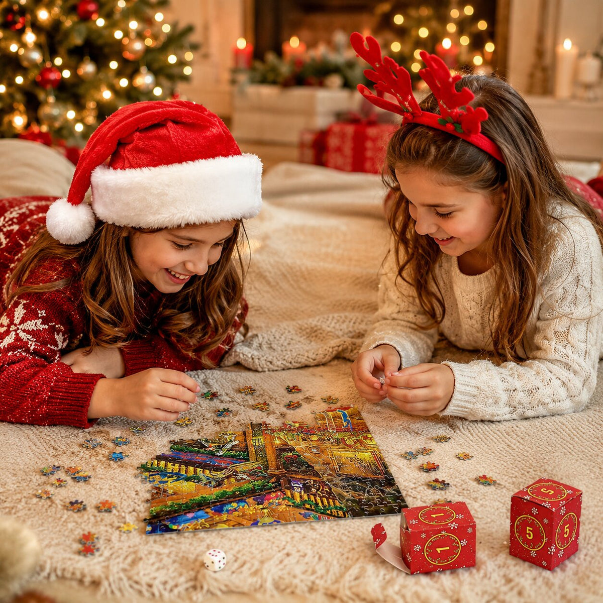 Calendrier de l’Avent puzzle 2026 — 24 boîtes quotidiennes de 42 pièces chacune, formant une image de Noël festive