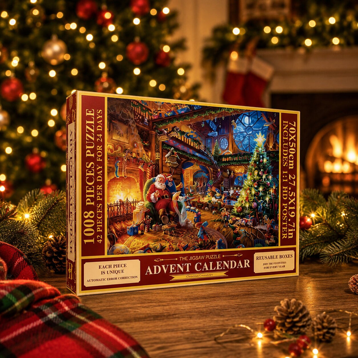 Calendrier de l’Avent puzzle 2026 — 24 boîtes quotidiennes de 42 pièces chacune, formant une image de Noël festive