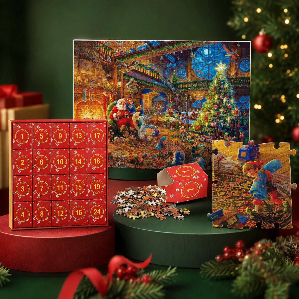 Calendrier de l’Avent puzzle 2026 — 24 boîtes quotidiennes de 42 pièces chacune, formant une image de Noël festive
