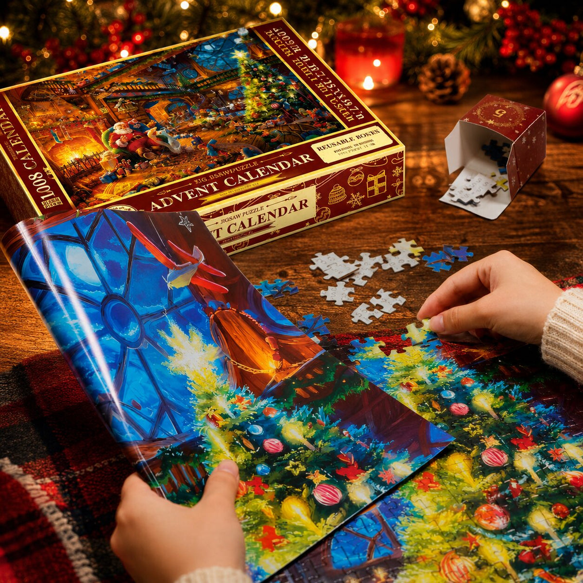 Calendrier de l’Avent puzzle 2026 — 24 boîtes quotidiennes de 42 pièces chacune, formant une image de Noël festive