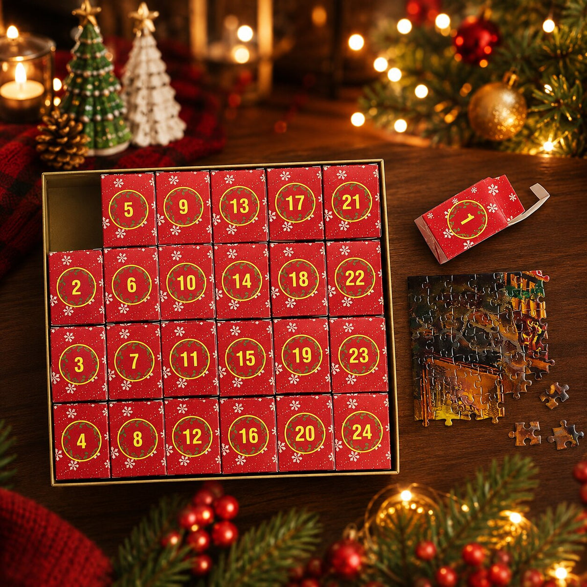 Calendrier de l’Avent puzzle 2026 — 24 boîtes quotidiennes de 42 pièces chacune, formant une image de Noël festive