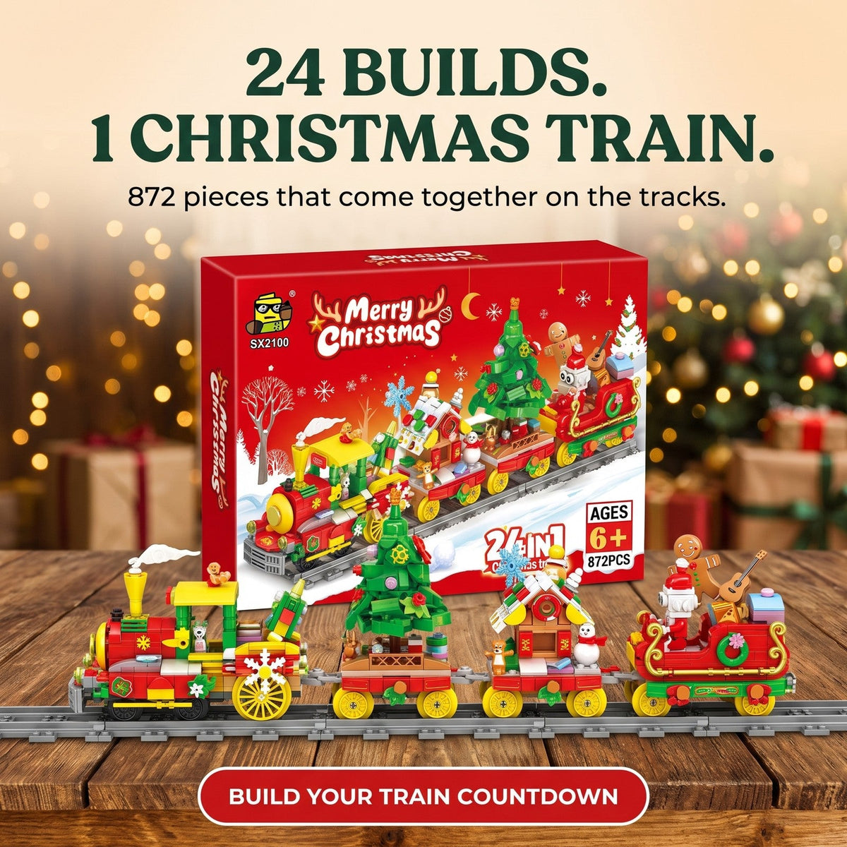 24-in-1 Brick Christmas Train Advent Calendar, 872 Pieces, About 17 in Long
