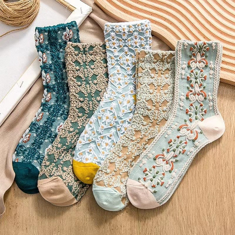 Lot de 5 paires de chaussettes à motifs floraux brodés, style vintage