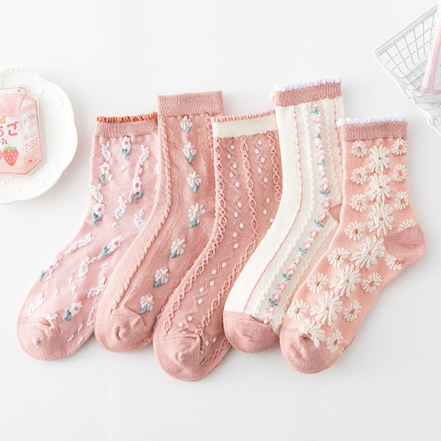 Lot de 5 paires de chaussettes à motifs floraux brodés, style vintage