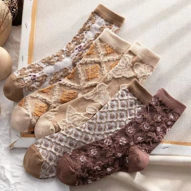 Lot de 5 paires de chaussettes à motifs floraux brodés, style vintage