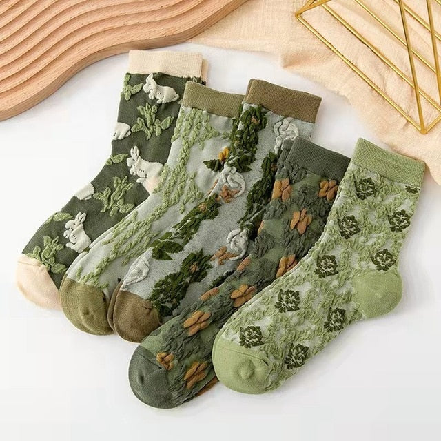 Lot de 5 paires de chaussettes à motifs floraux brodés, style vintage