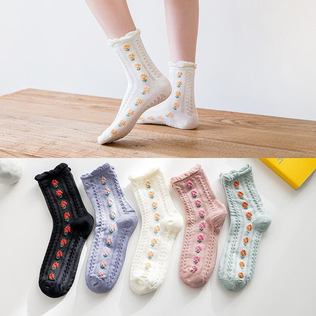 Lot de 5 paires de chaussettes à motifs floraux brodés, style vintage