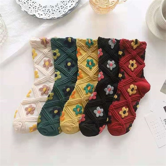 Lot de 5 paires de chaussettes à motifs floraux brodés, style vintage