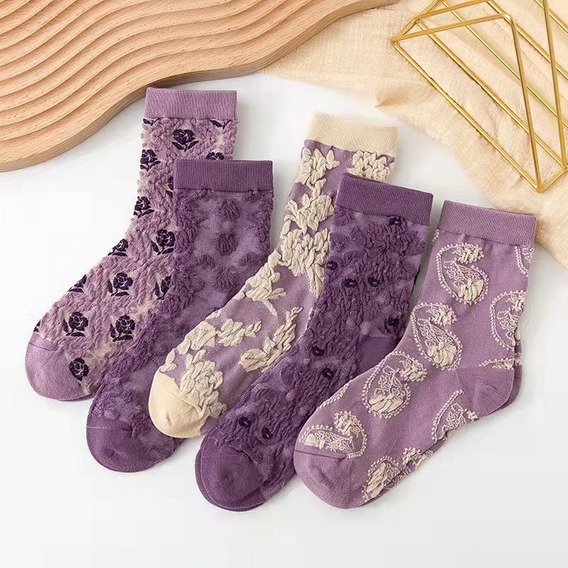Lot de 5 paires de chaussettes à motifs floraux brodés, style vintage