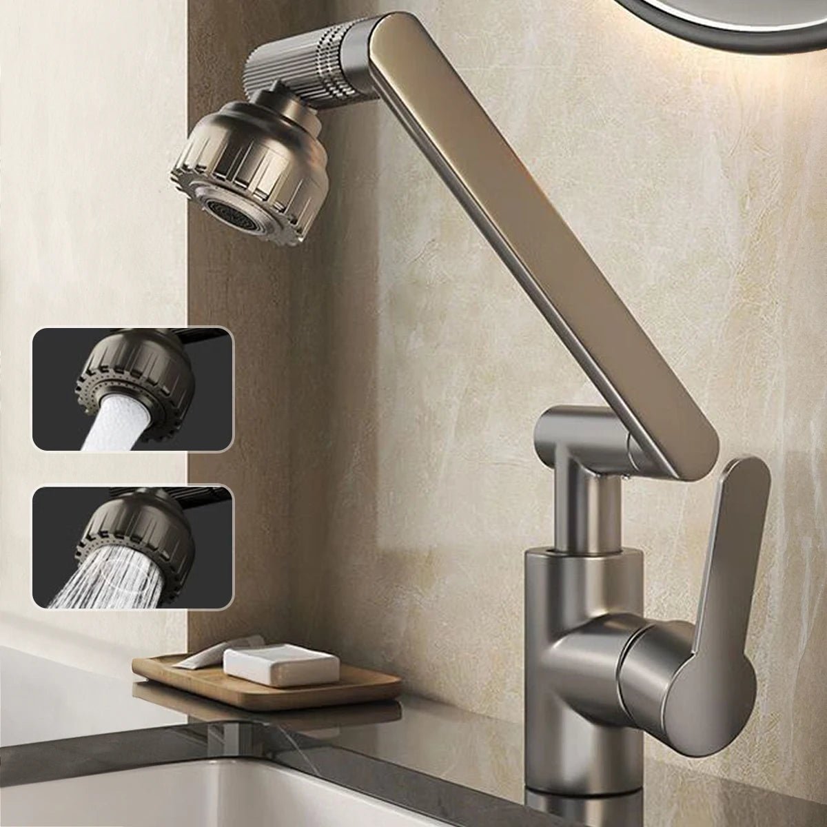 Robinet de cuisine réglable et flexible avec bec pivotant à 360° et deux modes de jet d’eau