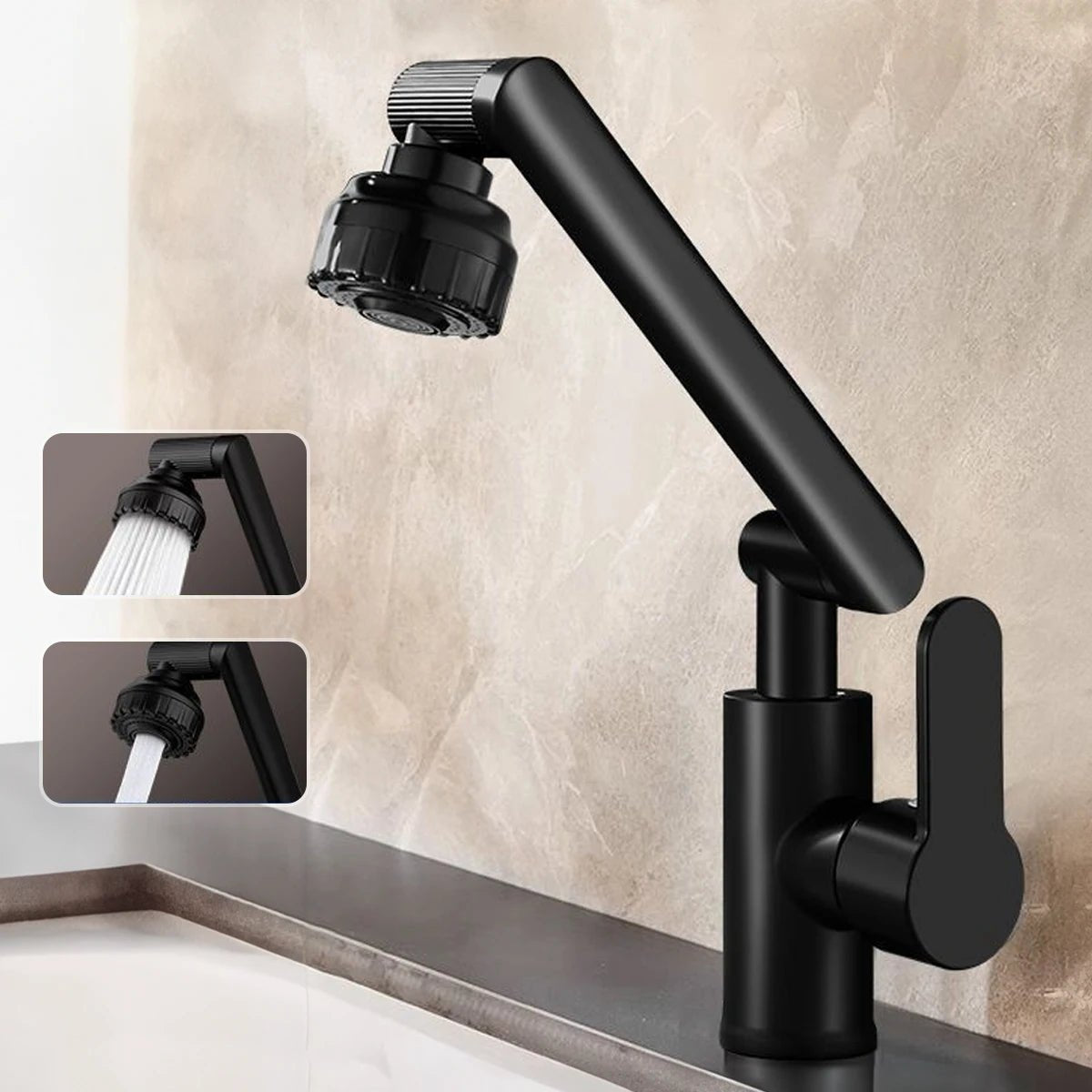 Robinet de cuisine réglable et flexible avec bec pivotant à 360° et deux modes de jet d’eau