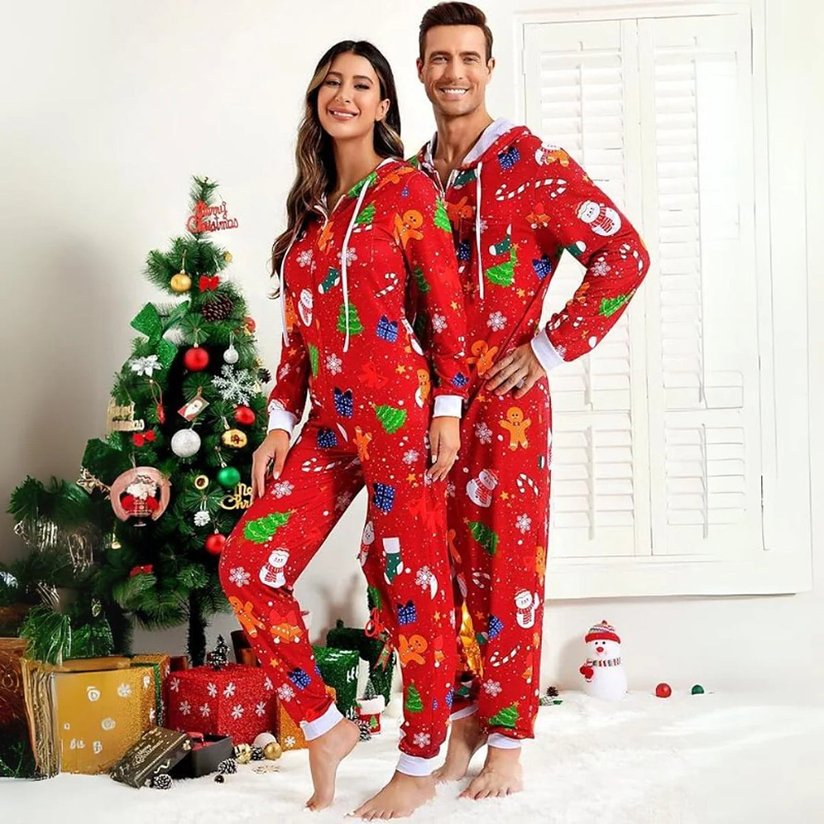 Combinaison pour adulte - Ensemble de vêtements d’intérieur de Noël assortis pour couples, avec fermeture éclair