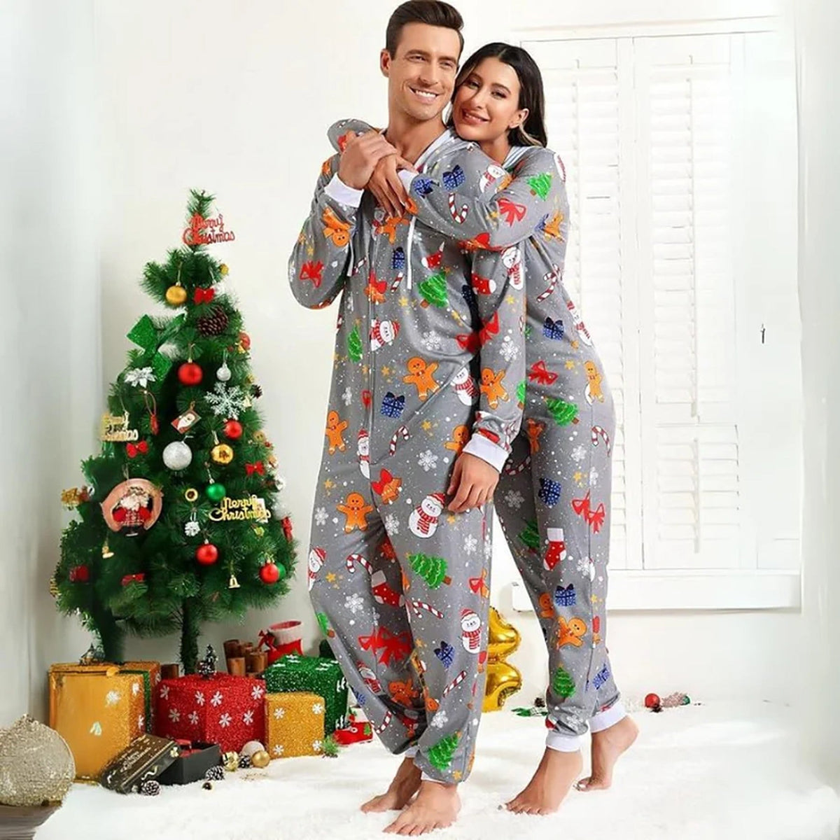 Combinaison pour adulte - Ensemble de vêtements d’intérieur de Noël assortis pour couples, avec fermeture éclair