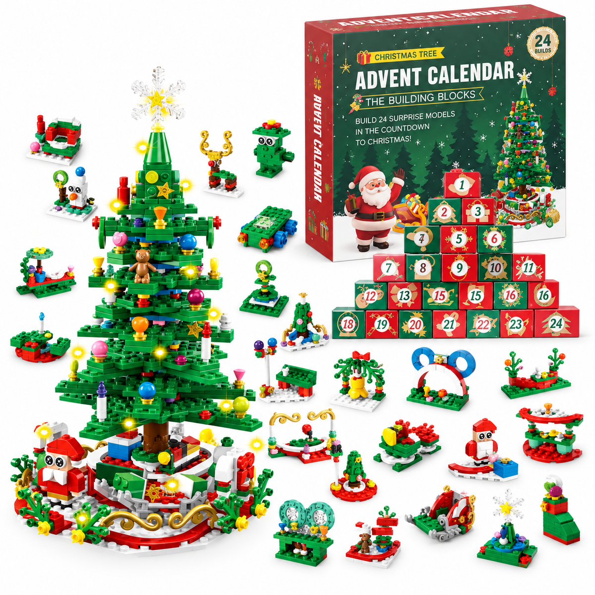 Calendrier de l’Avent avec 24 surprises de construction et un sapin de Noël lumineux à LED