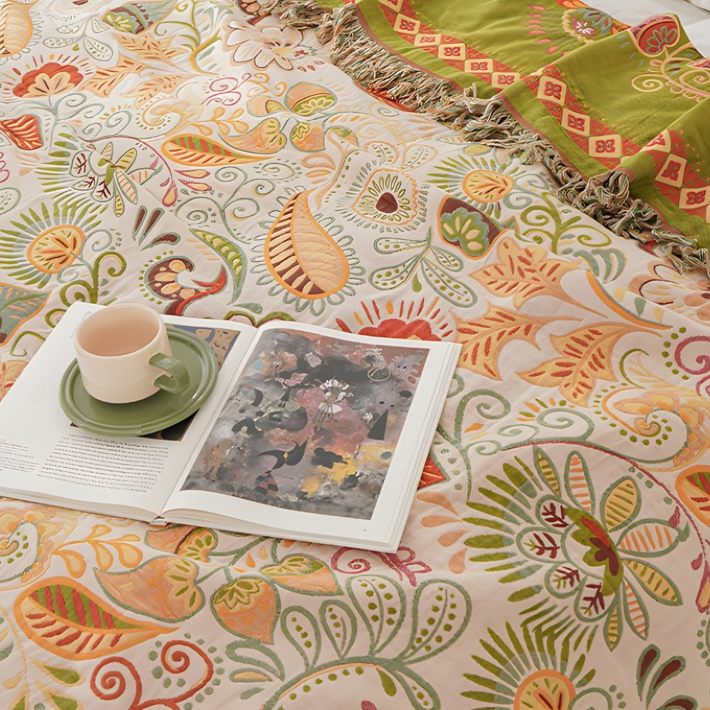 Couverture réversible en coton bohème à motif de feuilles d’automne