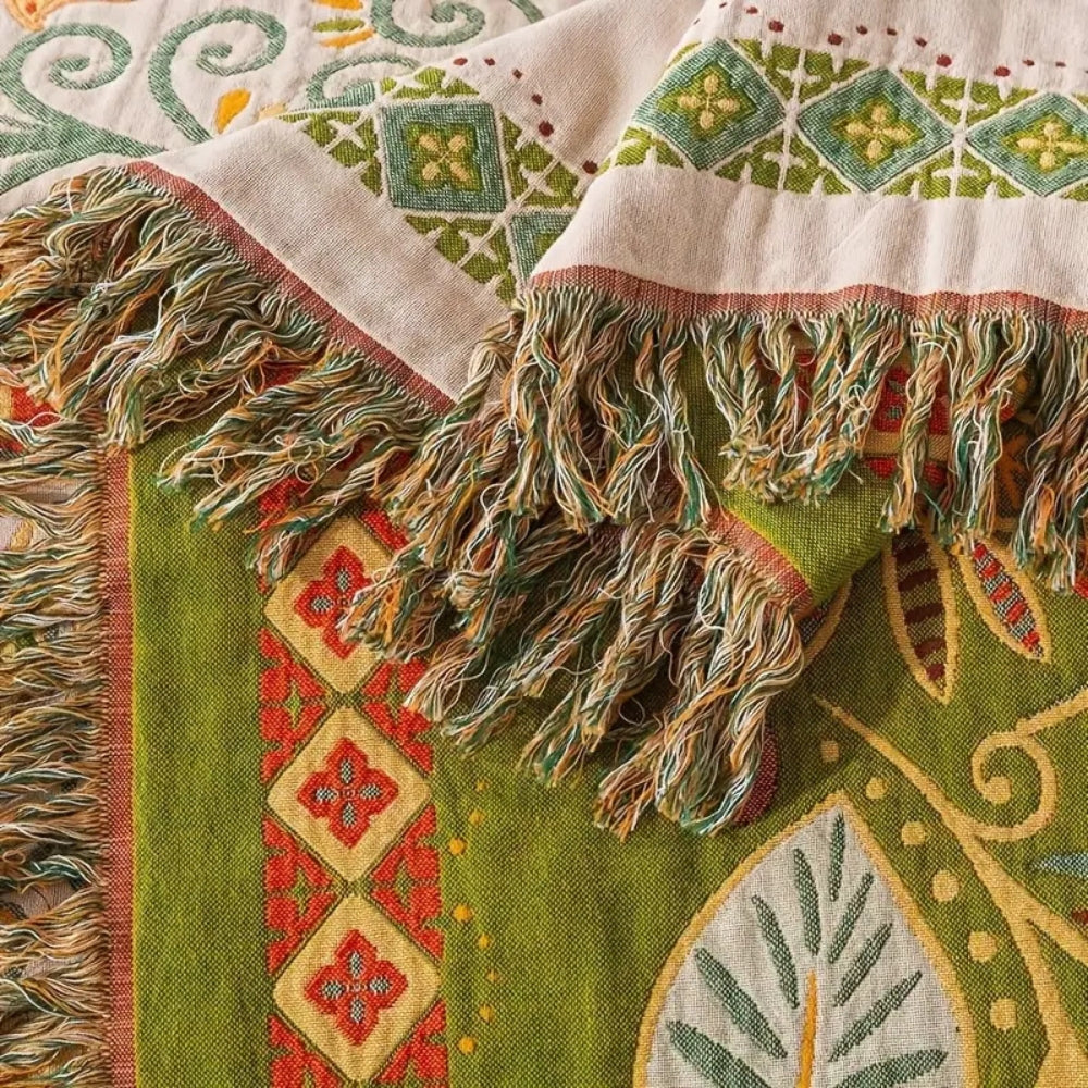 Couverture réversible en coton bohème à motif de feuilles d’automne