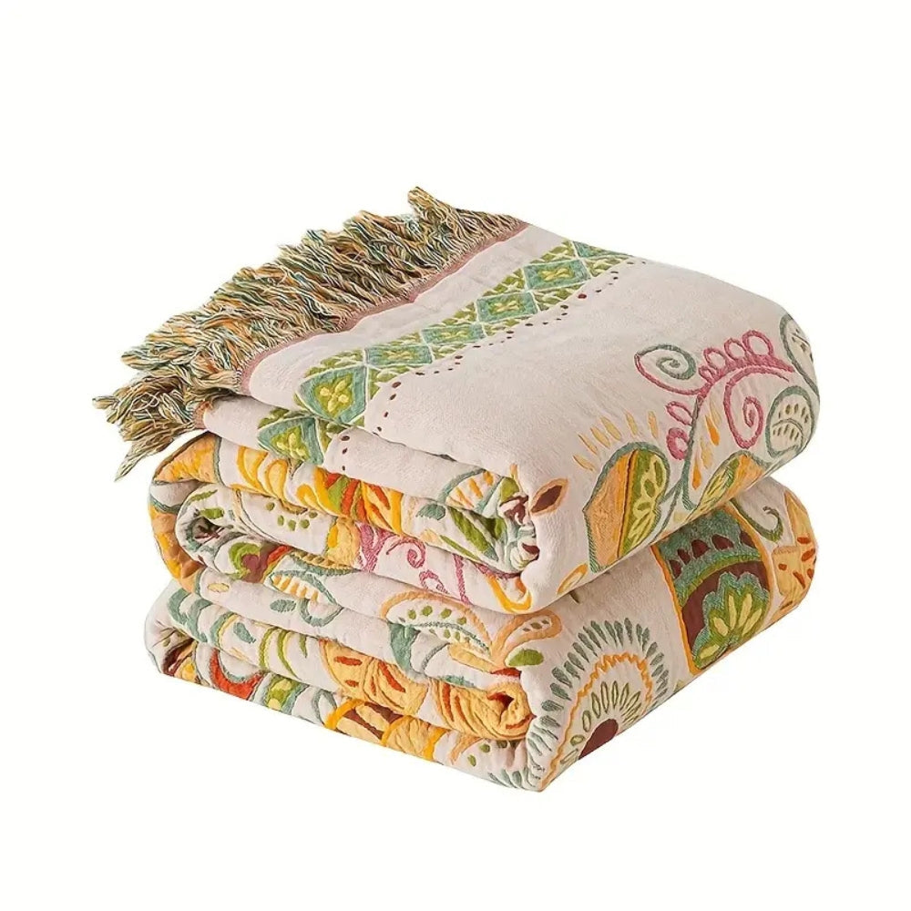 Couverture réversible en coton bohème à motif de feuilles d’automne