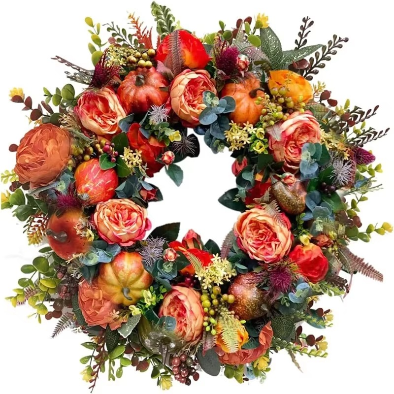 Autumn Wreath 40 cm Peony Flowers and Pumpkins Door Decoration