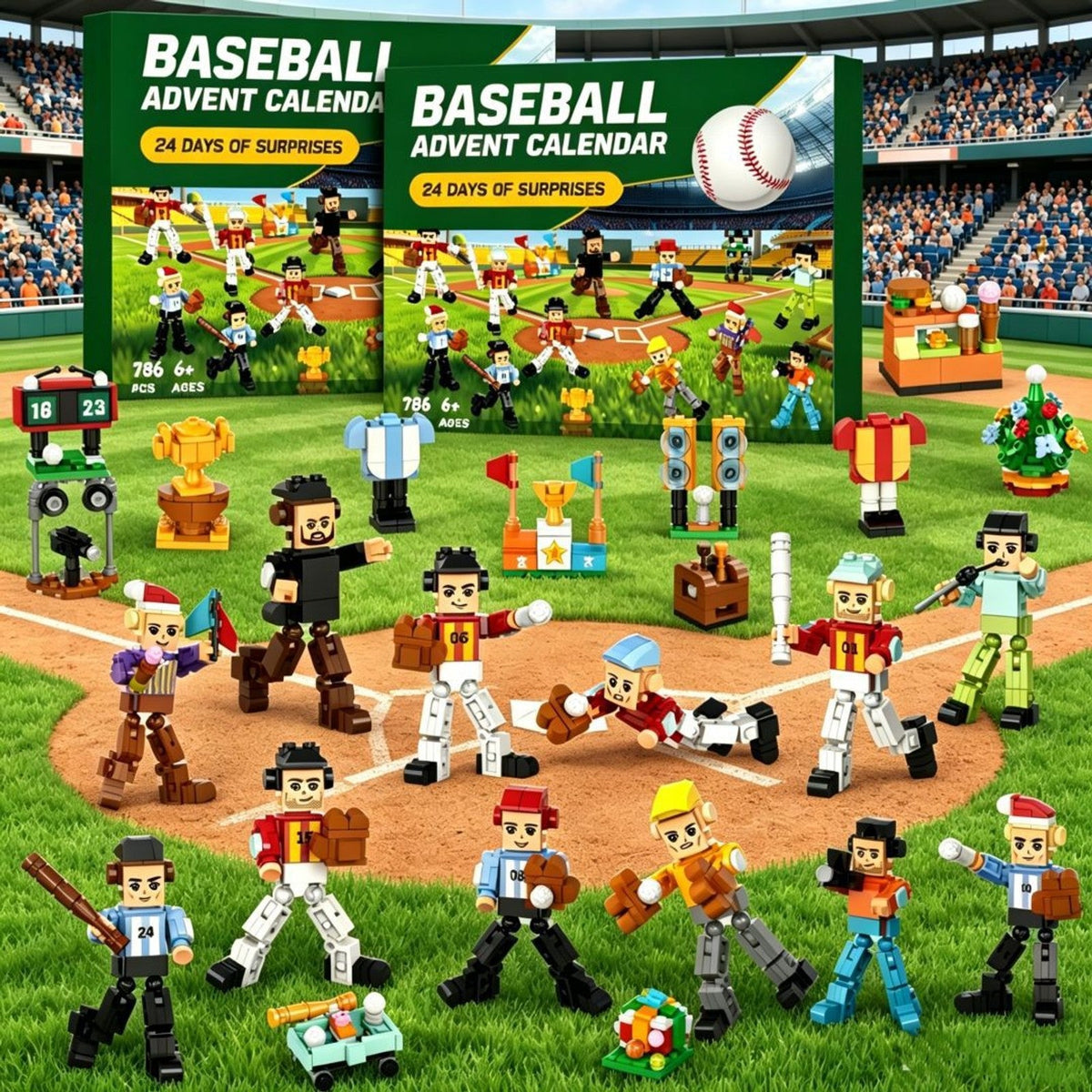 Baseball Advent Calendar, 24 Days of Brick Players and Ballpark Builds, 786 Pieces