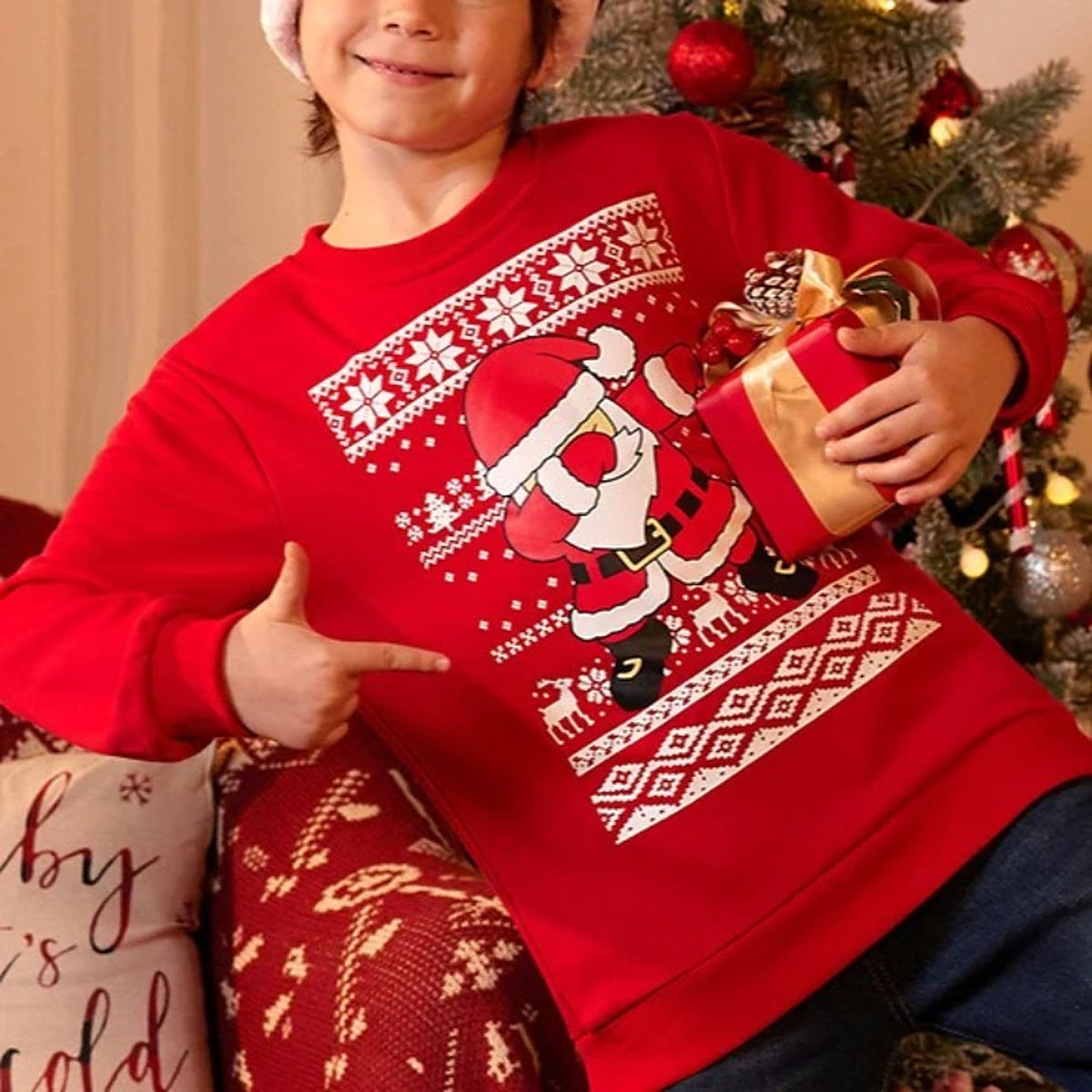 Pull de Noël pour garçon - Pull chaud pour enfant avec joyeux motif du père Noël