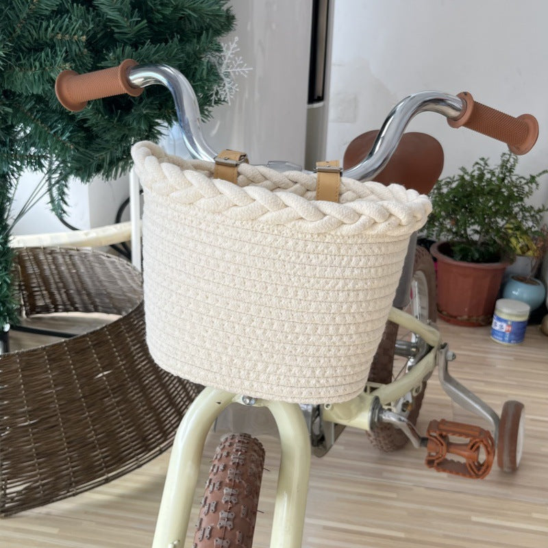 Braided Rope Bike Basket with Pom-Pom Embellishments and Leather Handlebar Straps