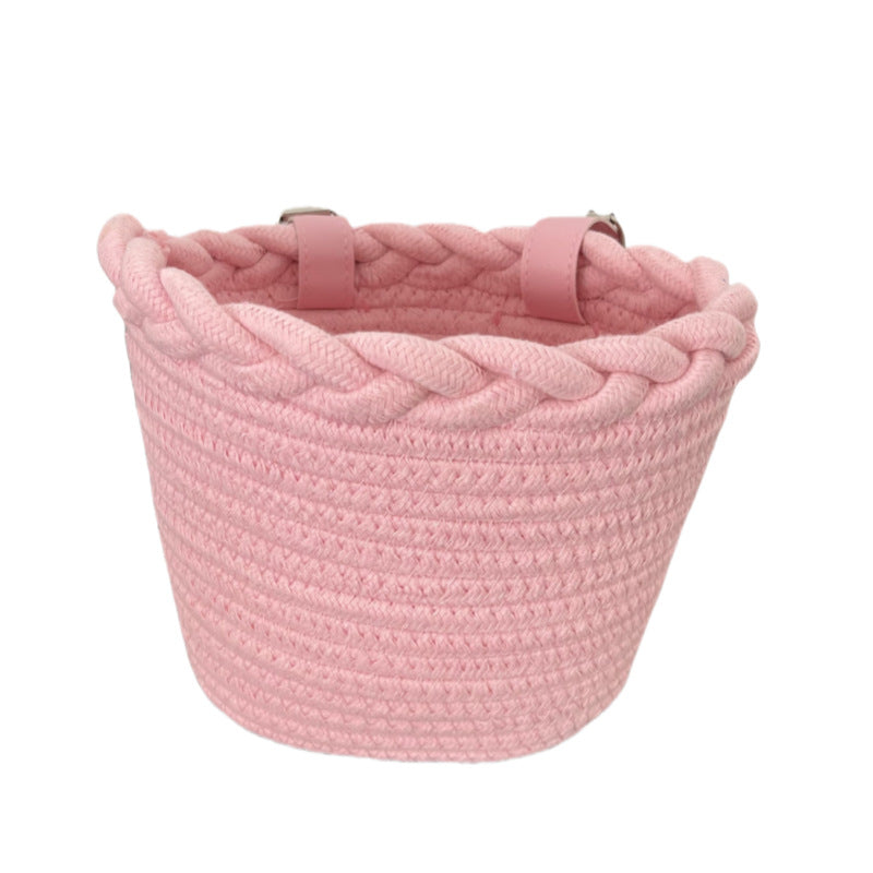 Braided Rope Bike Basket with Pom-Pom Embellishments and Leather Handlebar Straps