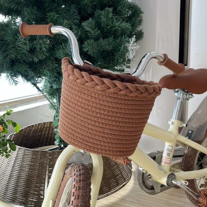 Braided Rope Bike Basket with Pom-Pom Embellishments and Leather Handlebar Straps