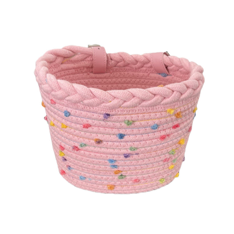 Braided Rope Bike Basket with Pom-Pom Embellishments and Leather Handlebar Straps