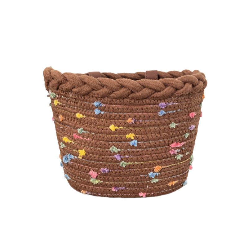 Braided Rope Bike Basket with Pom-Pom Embellishments and Leather Handlebar Straps