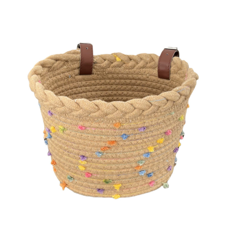 Braided Rope Bike Basket with Pom-Pom Embellishments and Leather Handlebar Straps