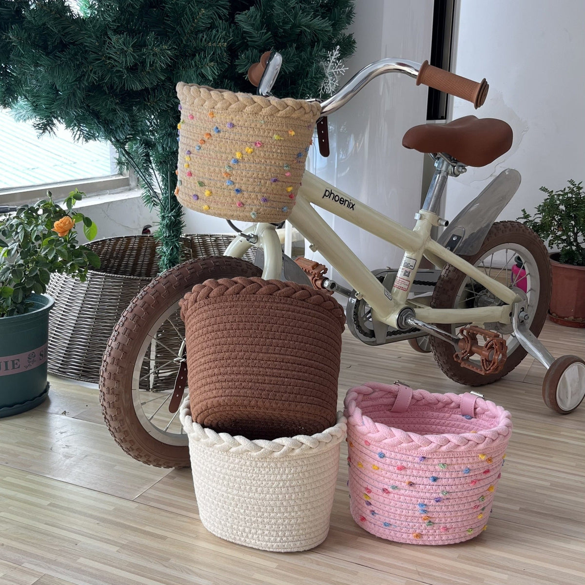 Braided Rope Bike Basket with Pom-Pom Embellishments and Leather Handlebar Straps