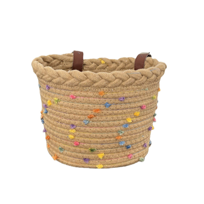 Braided Rope Bike Basket with Pom-Pom Embellishments and Leather Handlebar Straps