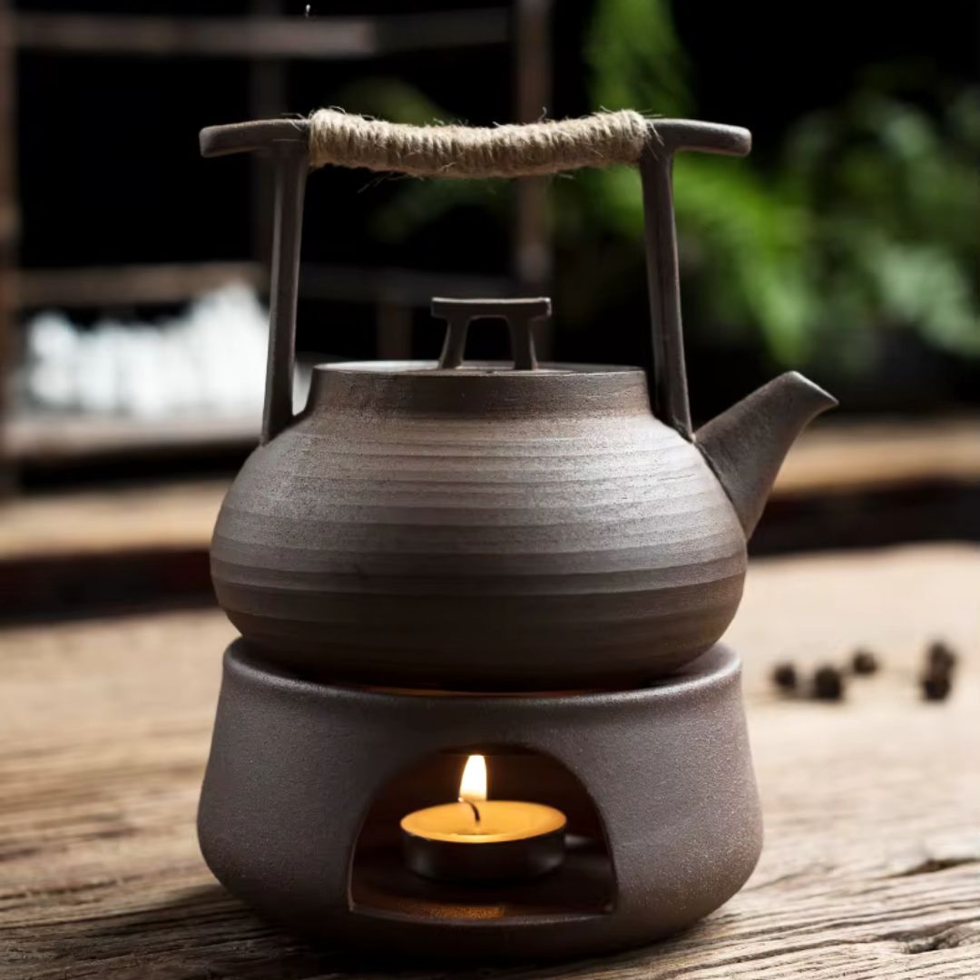 Théière en céramique avec chauffe-thé pour des moments de détente autour du thé à la maison