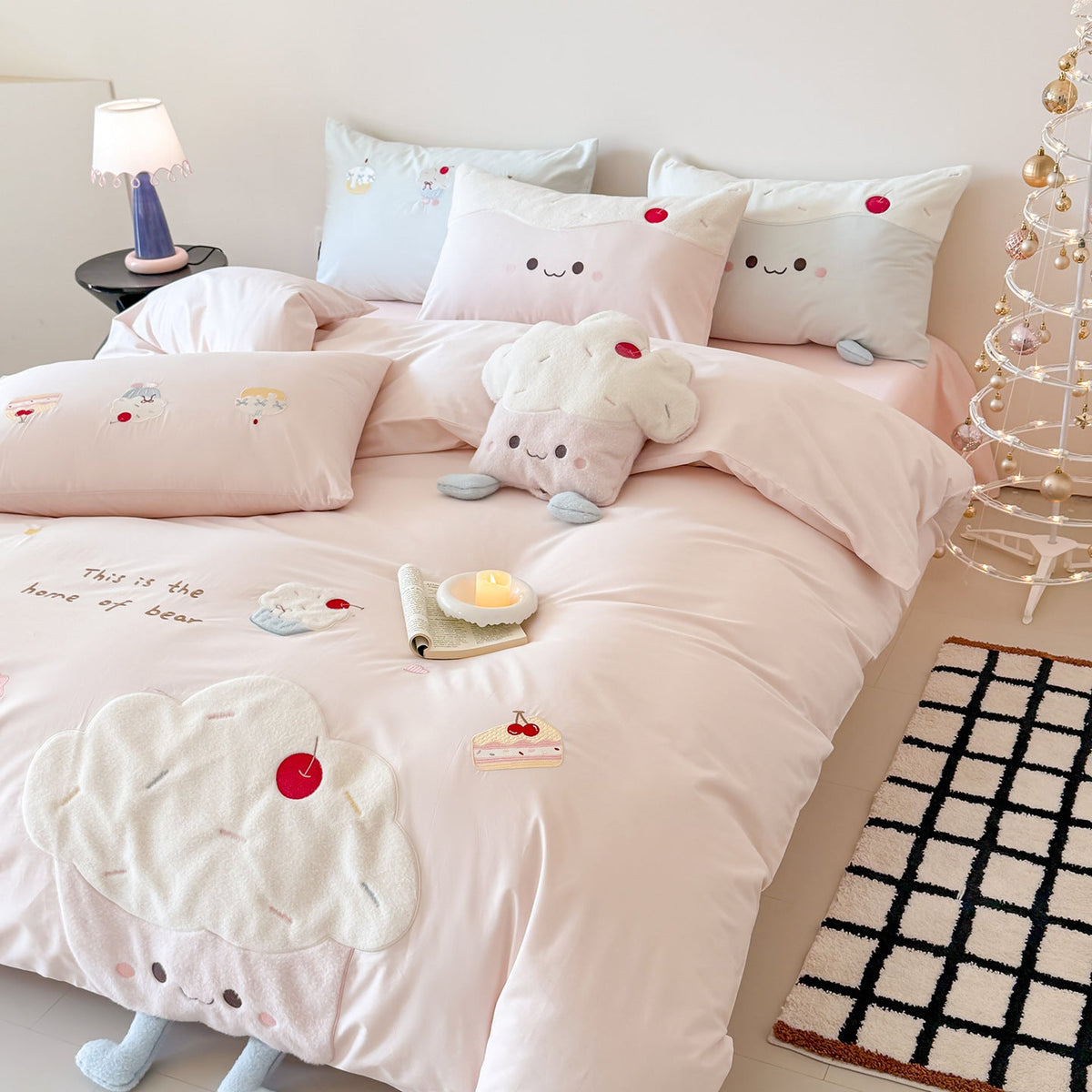 Children's Bedding Set with Embroidered Cupcake and Cloud Appliqués