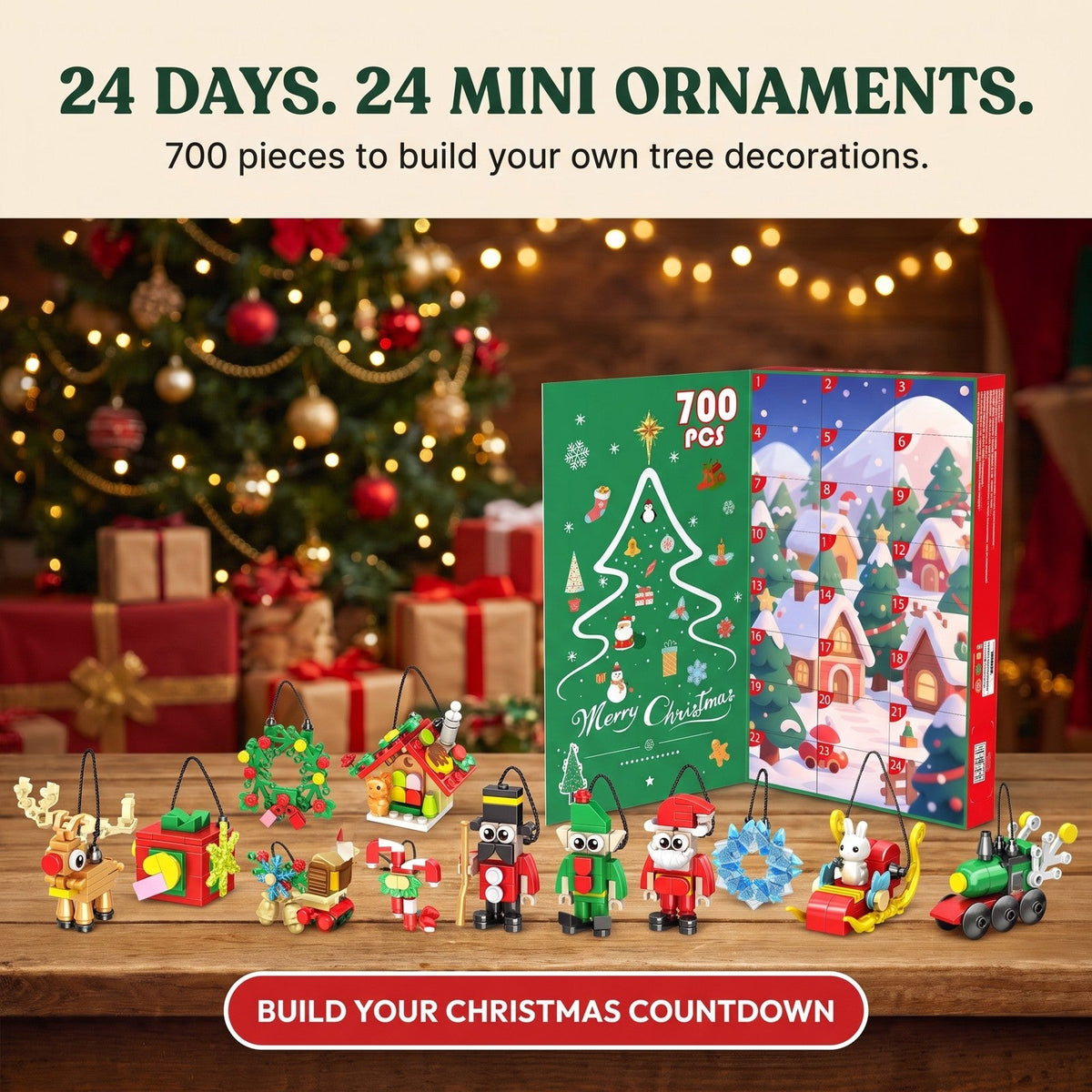 Christmas Ornament Advent Calendar, 24 Mini Brick Builds with Hanging Cords, 700 Pieces