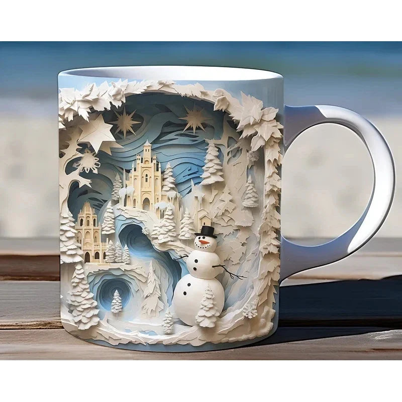 Mug de Noël en céramique avec motif de bonhomme de neige en illusion 3D et anse en C