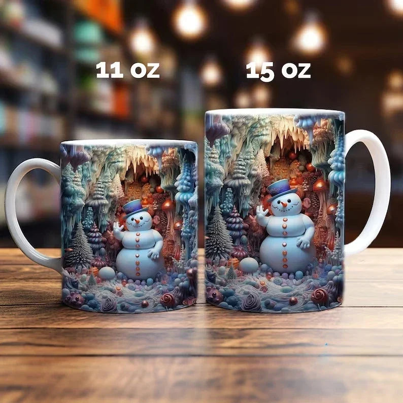 Mug de Noël en céramique avec motif de bonhomme de neige en illusion 3D et anse en C