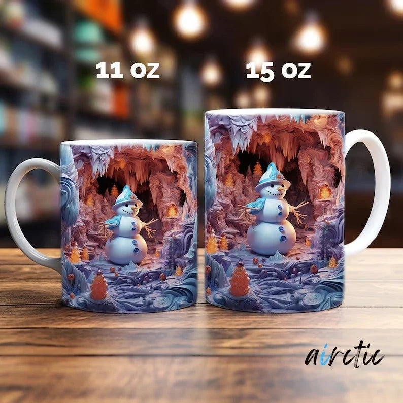 Mug de Noël en céramique avec motif de bonhomme de neige en illusion 3D et anse en C