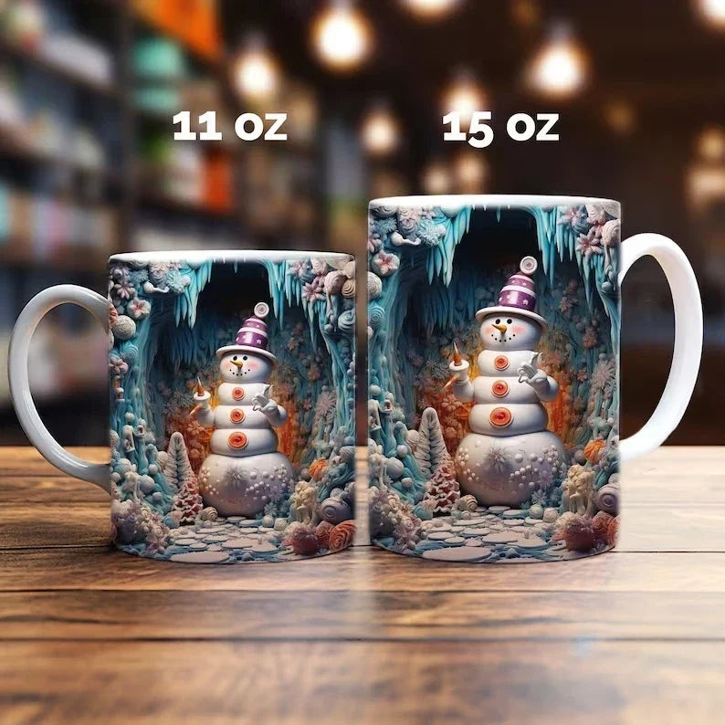Mug de Noël en céramique avec motif de bonhomme de neige en illusion 3D et anse en C
