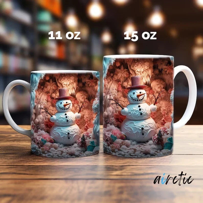 Mug de Noël en céramique avec motif de bonhomme de neige en illusion 3D et anse en C